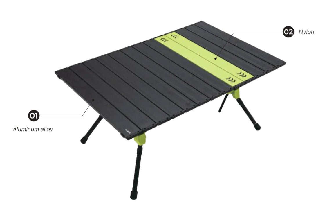 Alocs Urban Escape Featherlite Table KD21CS, aluminum alloy roll-up tabletop with folding legs