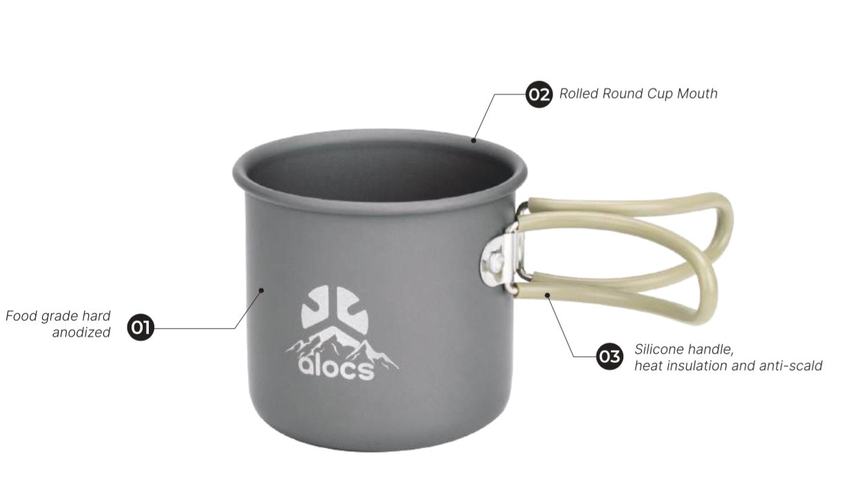 Alocs CalmSip Cup Pro TW-503 hard-anodized camping mug with silicone folding handle