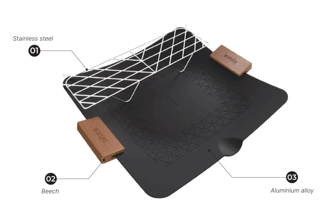 Alocs TileStone Grill Plate CF-PG19 with beech wood handles and stainless steel wire rack