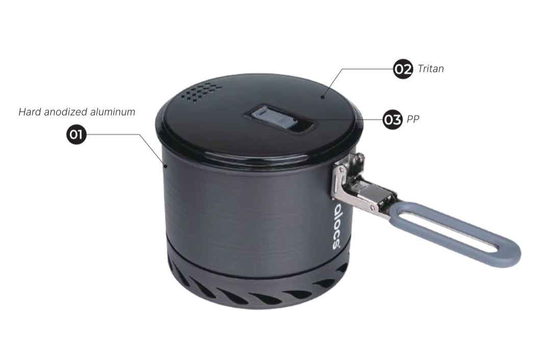 Alocs RapidFlow CW-S10-1 heat exchanger camping pot with folding handle and Tritan vented lid