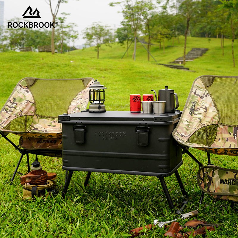 Rockbrook BX1017BKMB 50L aluminium camping gear storage box with foldable stand legs