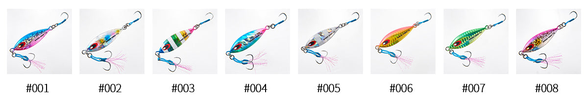 MIZUCHI Speed Drop Metal Jig official colour chart, colours 001 to 008