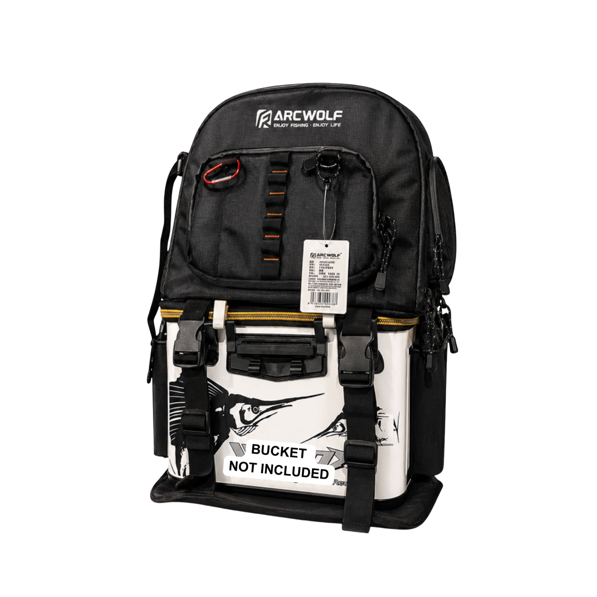 A black Arcwolf fly fishing backpack with a white burley bucket attachment with text “bucket not included”.