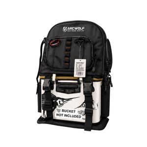 A black Arcwolf fly fishing backpack with a white burley bucket attachment with text “bucket not included”.