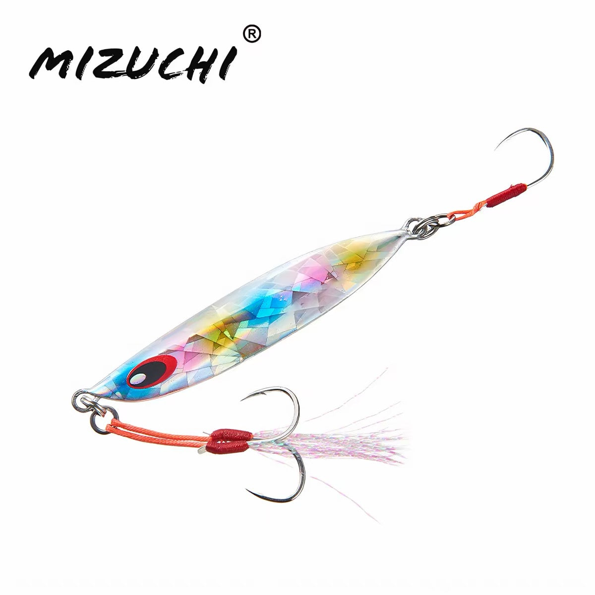 A Mizuchi brand fishing jig lure with a metallic, iridescent body showing pink, blue, yellow, and green facets, featuring a red and black eye, two silver hooks, and a light pink and white skirt.