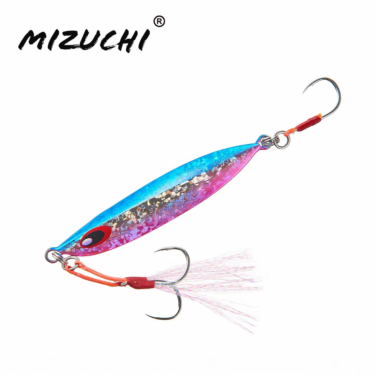 A Mizuchi fishing lure with a metallic blue and pink body, silver glitter, red accents, and a white feather skirt, shown on a plain white background with the Mizuchi brand name in the top left.