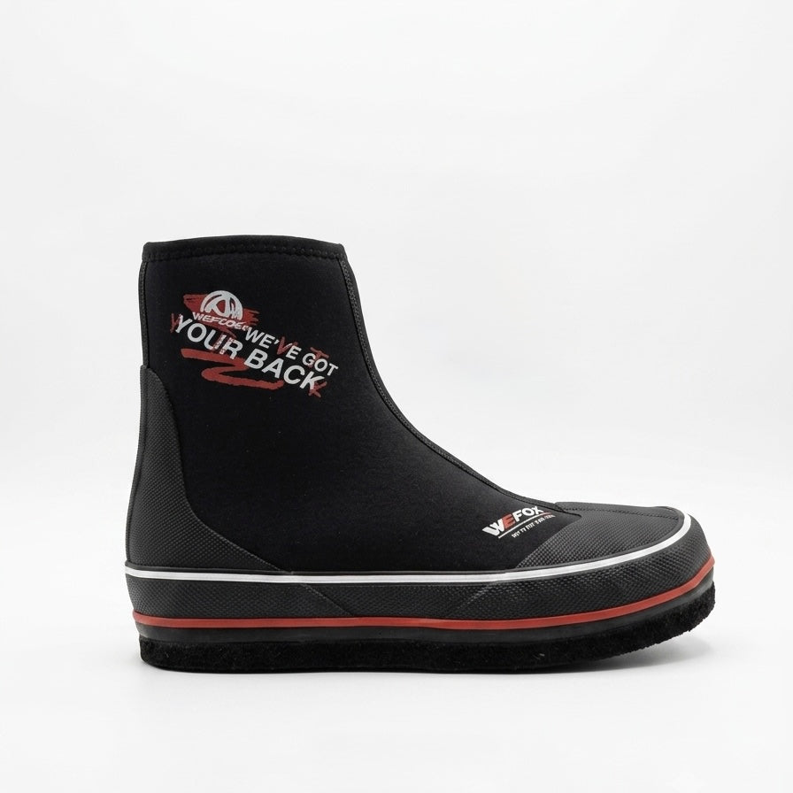A Wefox black mid-calf protective boot with a white and red graphic on the ankle reading 'WE'VE GOT YOUR BACK' and a small 'WEPOR' logo on the side, set against a plain white background.