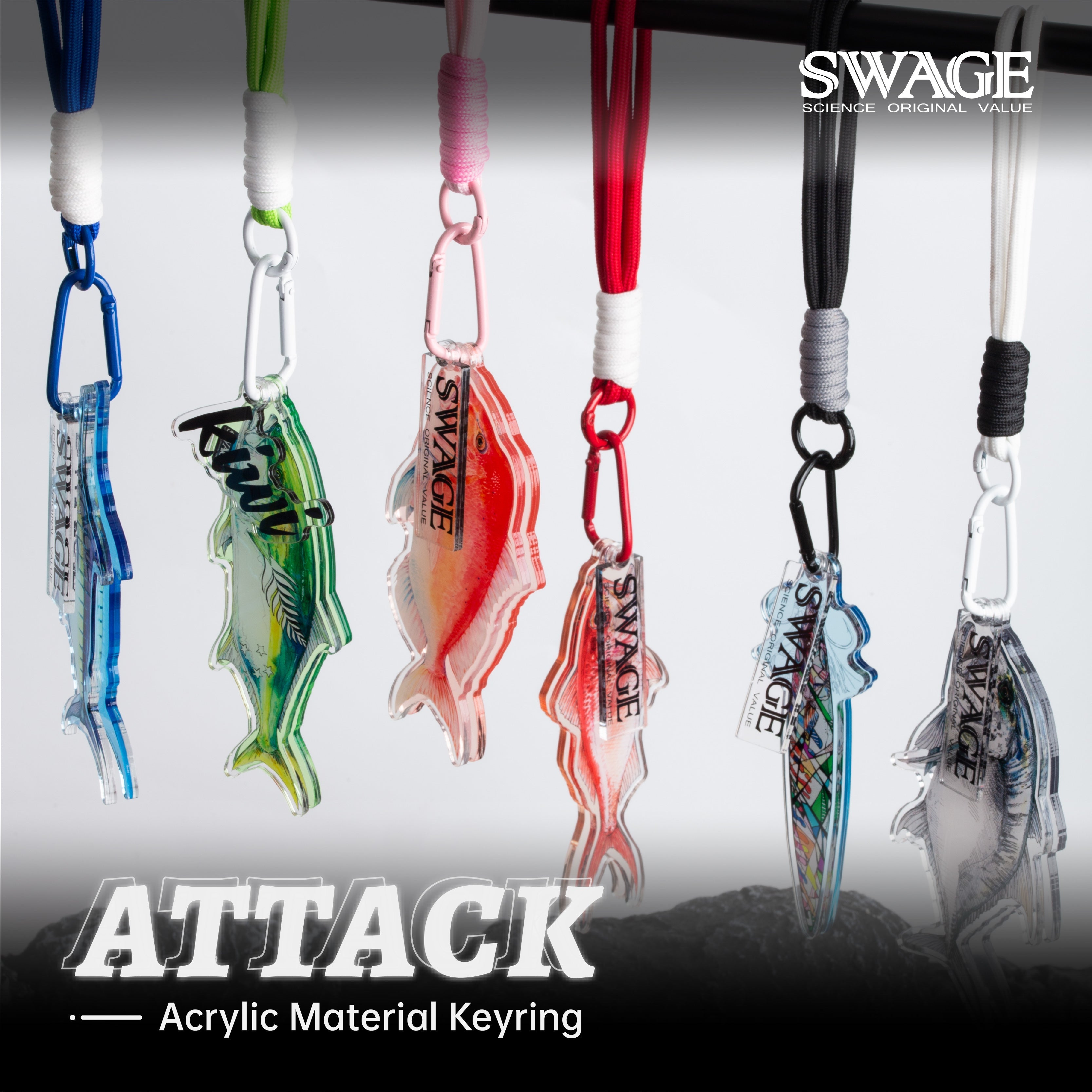 SWAGE FinTide Attack Series acrylic key ring detail
