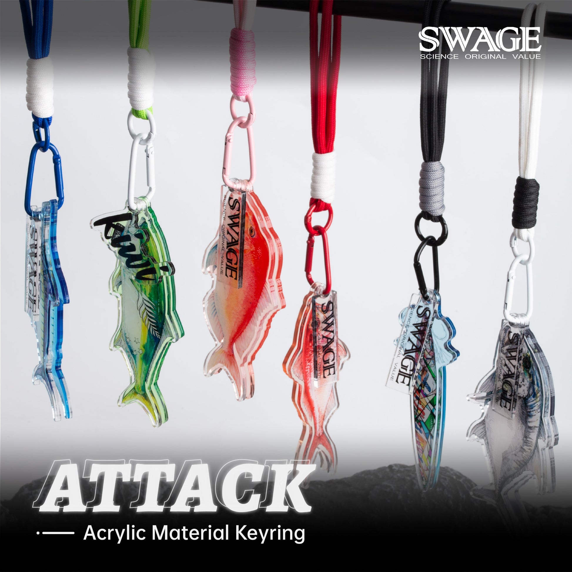 SWAGE FinTide Attack Series acrylic key ring detail
