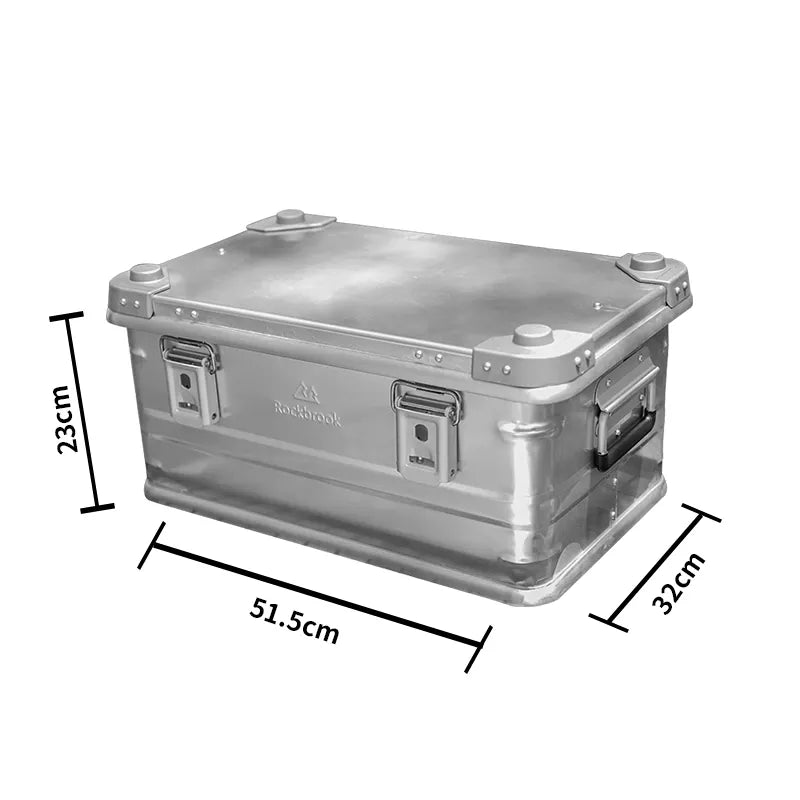 Rockbrook BX1003GY heavy-duty brushed aluminium camping storage box, stackable with weatherproof seal
