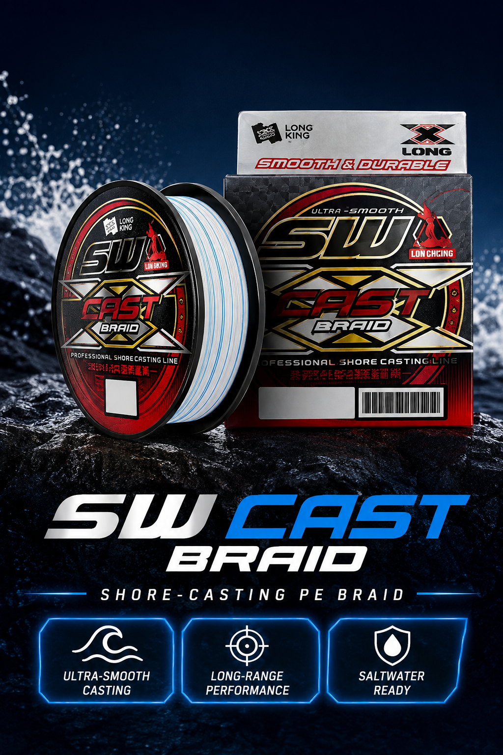 Loong SW-Cast X8 shore-casting PE braid with ultra-smooth casting and saltwater-ready features
