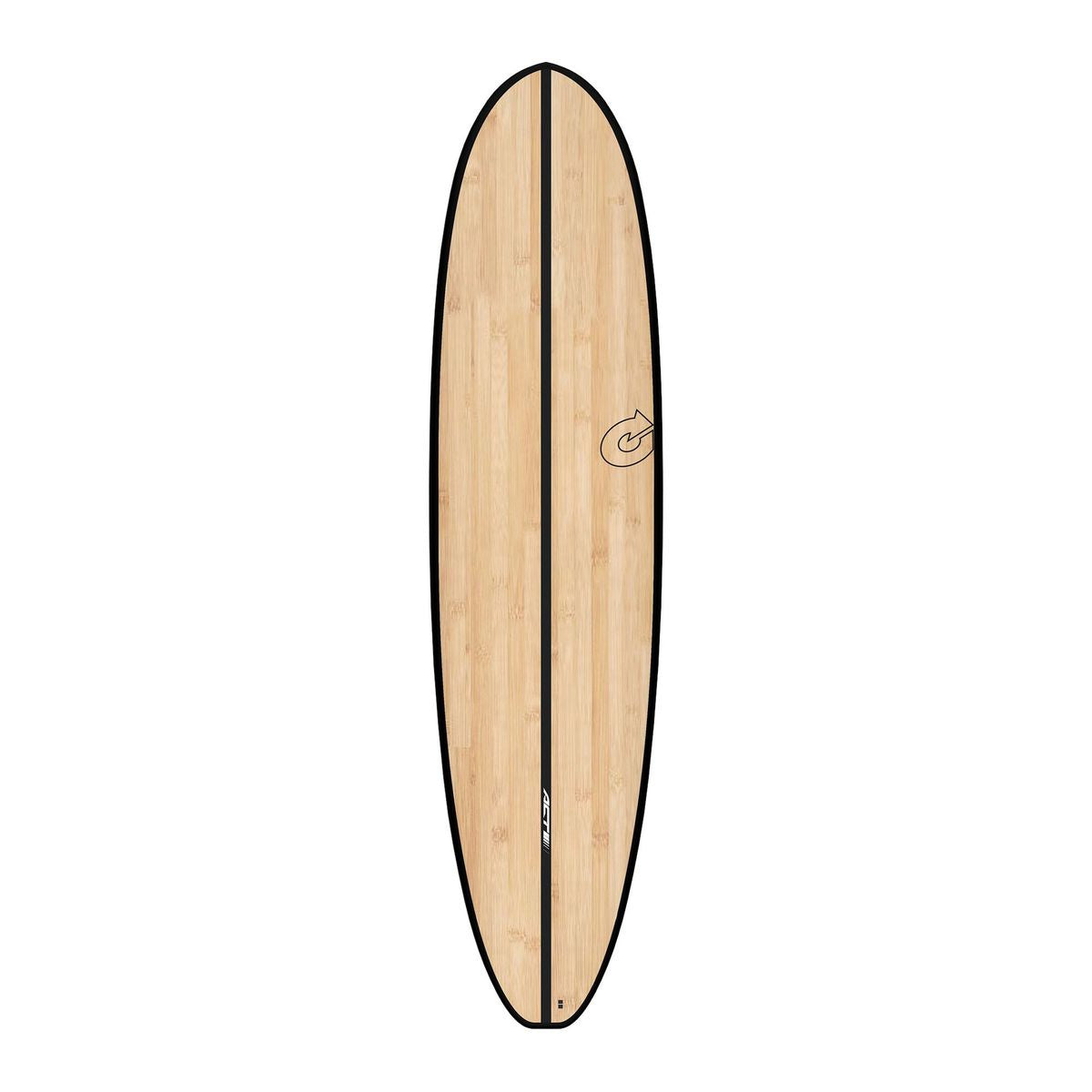 Torq ACT 7'8 V Plus surfboard with black rails and clear bamboo deck