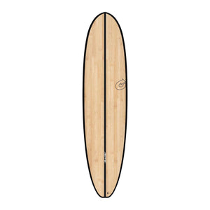 Torq ACT 7'8 V Plus surfboard with black rails and clear bamboo deck