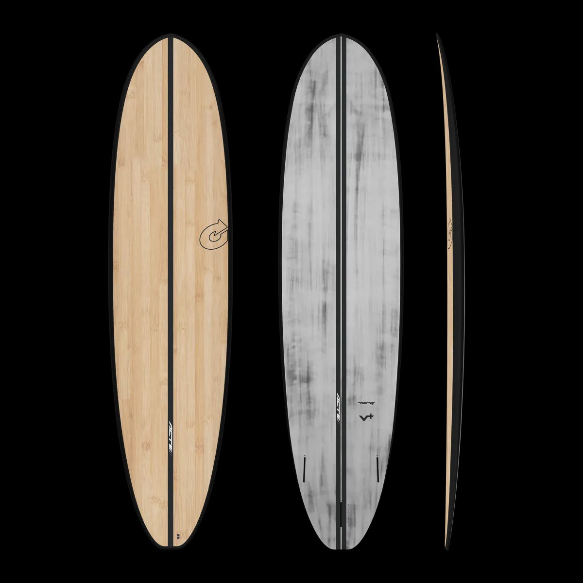 Torq ACT 8'0 V Plus surfboard with black rails and clear bamboo deck
